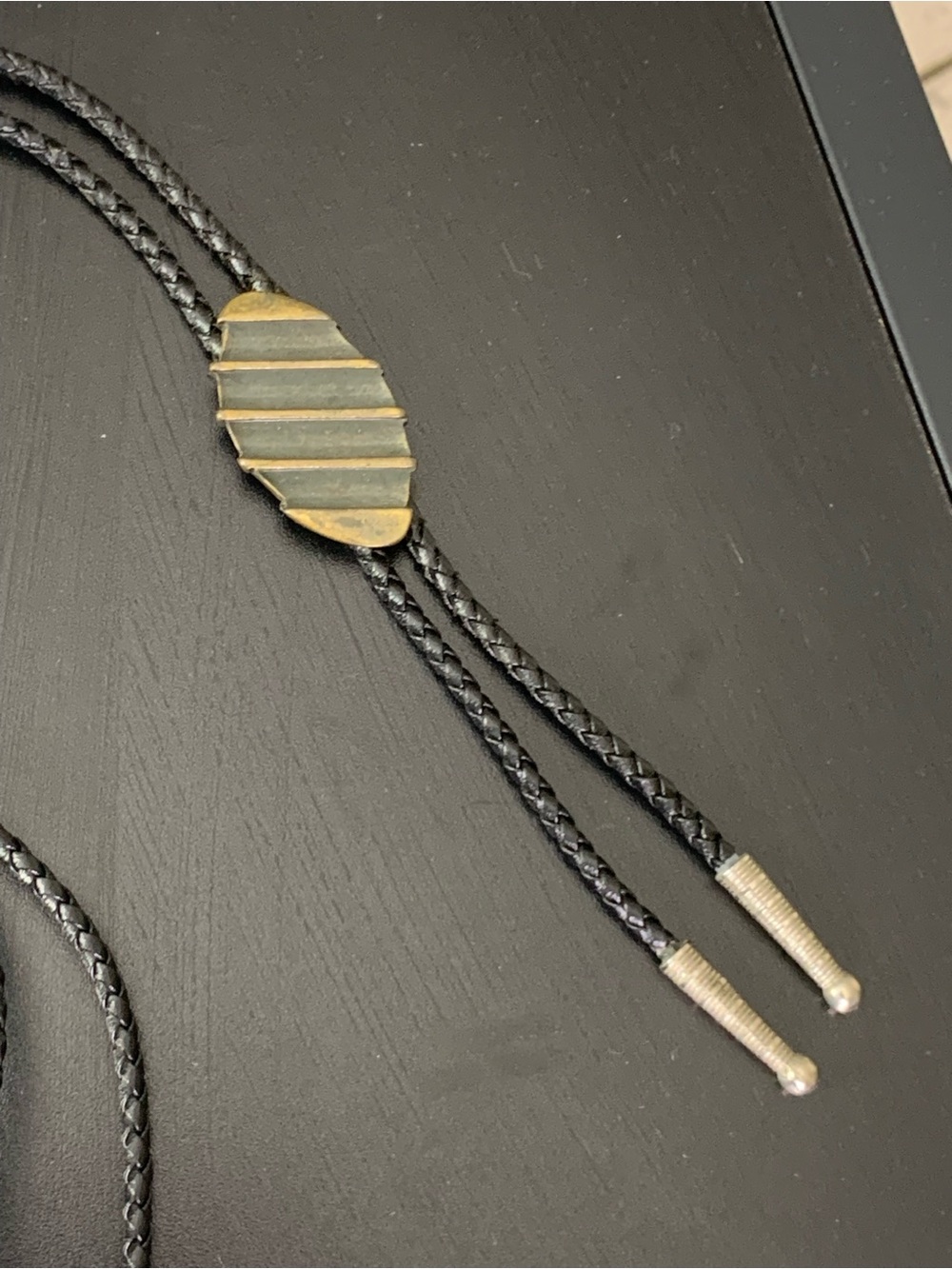 Vintage Style Western Bolo Tie - Antique Brass Geometric Slide & Braided Black L
